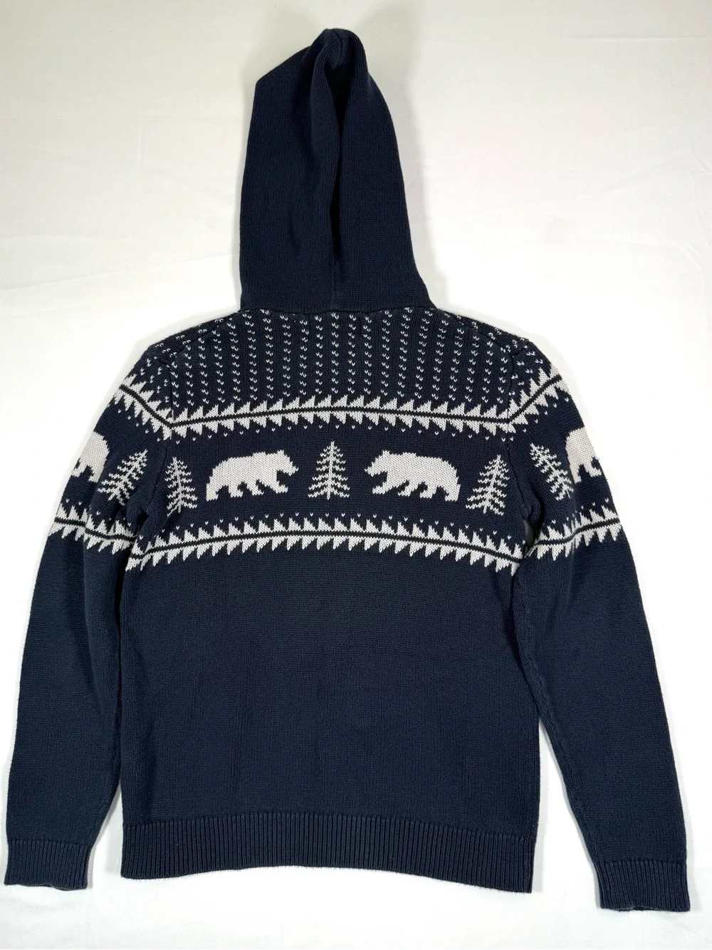 OLD NAVY Boys Hooded Fair Isle Bear Sweater L 10-12 Preppy Cabin Mountain Winter
